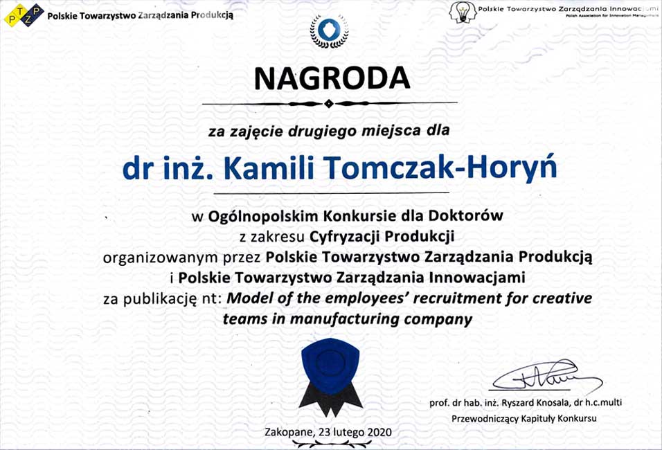 Nagroda za drugie miejsce w Ogólnopolskim konkurskie dla Doktorów z zakresu Cyfryzacji Produkcji